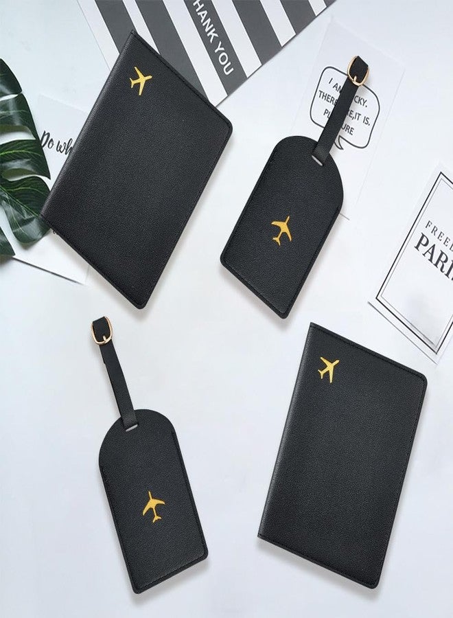 CALFOVERA 2 Sets Metallic Airplane Pattern Luggage Tag Mr and Mrs Honeymoon Passport Wallets Travel Holder PU Leather Black Couple Passport Cover Blocking Card Slots RFID Case Suitcase for Women Men - Image 4